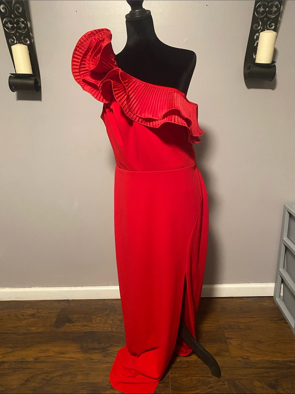 Xscape Red One-Shoulder Ruffle Evening Dress